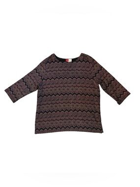 JM Collection metallic burgundy and black Wave-Pattern 3/4 Sleeve Top
